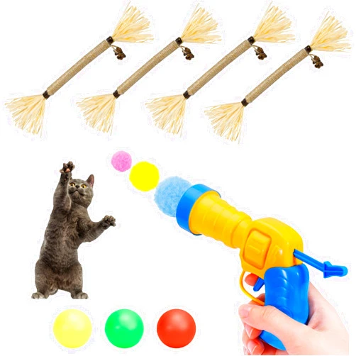 SINROBO 4 Silvervine Sticks and Cat Ball Launcher with Plush Ball （30 balls） Cat Toys Bundle
