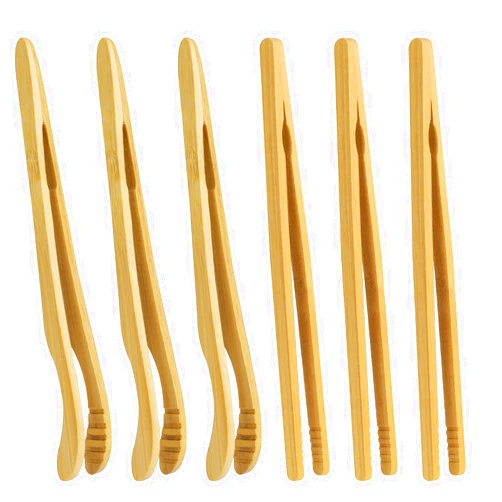 Mozeat Lens 6 Pack Bamboo Tongs 7 Inch Long Reusable Wooden Cooking Toaster Tongs Kitchen Wood Toast Tongs for Toaster Cake Fruits Bread Tea Salad Charcuterie