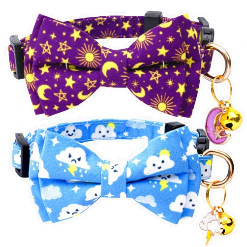 Jelwuion 2 Pack Cotton Cat Collar with Bow Tie and Bell for Girl Boy Cats,Cute Purple Moon and Blue Cloud Pattern Spring Summer Breakaway Cat Collar for Male Female Cats(Moon&Cloud)