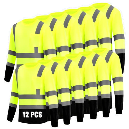 WPLM Hi Vis Long Sleeve Reflective T Shirts Safety Work Shirts Black Bottom Fast Dry for Men 12PCS