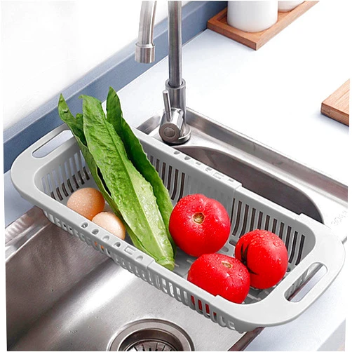 MineSign Extendable Over the Sink Colander Fruits and Vegetables Drain Basket Adjustable Strainer Sink Washing Basket for Kitchen (Grey)
