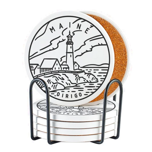 Onebttl Maine Gifts Coaster Souvenir, Travel Homesick Gifts, Home Decor for Women, Moving, Housewarming, Set of 6, Ceramic, Absorbent with Cork Base