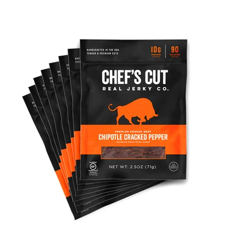 Chef's Cut Real Jerky Chef's Cut Beef Jerky, Chipotle Cracked Pepper, High Protein Meat Snack, 10g of Protein and 90 Calories, Gluten Free, Premium Lean Smoked Beef - 2.5 Ounce (Pack of 4)