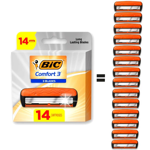 BIC Comfort 3 Refillable Refill Razor Cartridges, Three-Blade Disposable Razors for Men, Sensitive Skin Razor for a Comfortable Shave, 14 Razor Refill Cartridges