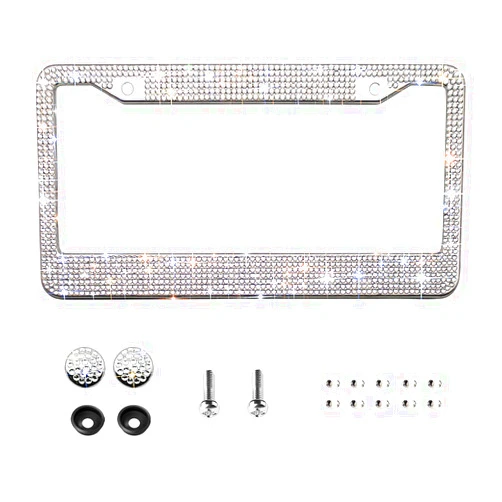 OKLPF Bling License Plate Frame for Women,Sparkle Crystal Bedazzled Rhinestone License Plate Frames with 1400pcs Rhinestones, Handcrafted Crystal Premium Stainless Steel Frame with Screw Caps (White)