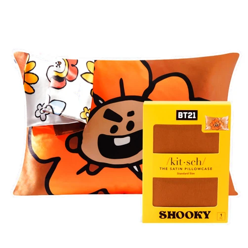 Kitsch x BT21 Satin Pillowcase with Zipper – Better Than Silk Pillowcase, Shooky Character & Funky Floral Print – Soft Cooling Toddler Bed Time Pillow Case for Hair & Skin – Queen/Standard 19x26