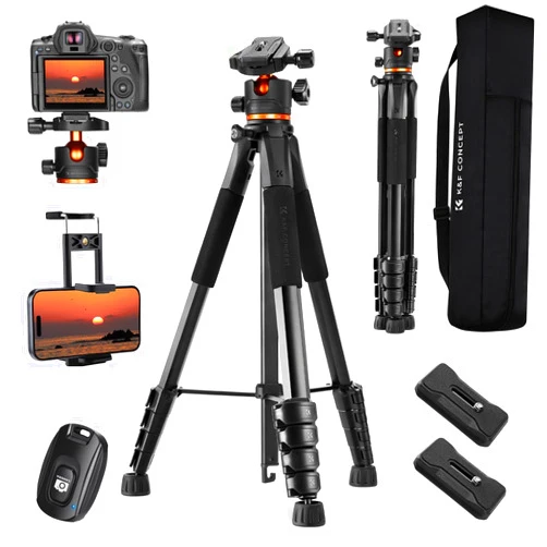 K&F CONCEPT 75 inch/190cm Camera Tripod,Lightweight Travel Outdoor DSLR Tripods with 360 Degree Ball Head Load Capacity 8kg/17.6lbs,Cellphone Clip and Remote Control for Smartphone S255A3+BH-36