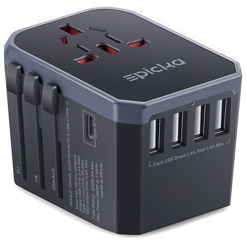 EPICKA Universal Travel Adapter One International Wall Charger AC Plug Adaptor with 5.6A Smart Power and 3.0A USB Type-C for USA EU UK AUS (TA-105, Grey)