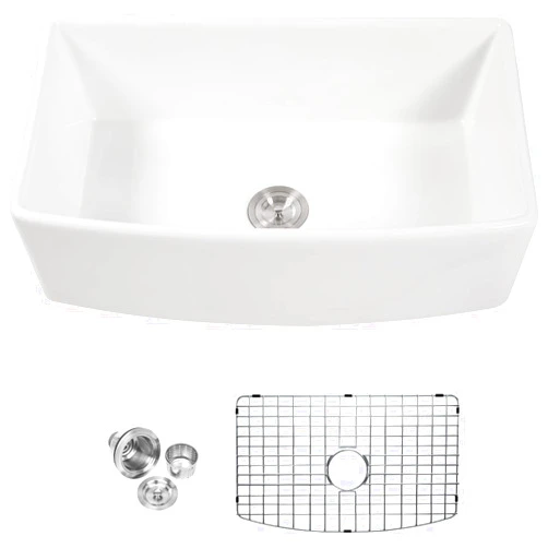 Lordear 33 White Farm Sink,33 inch White Farmhouse Kitchen Sink Curved Apron Fireclay Porcelain Apron Front Single Bowl Farm Kitchen Sink Basin