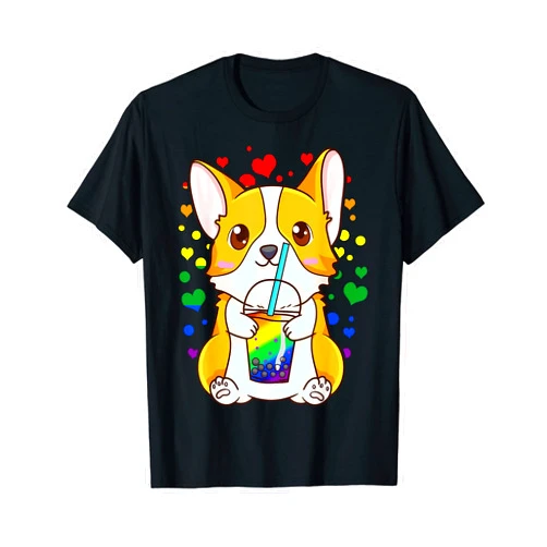 Gay Pride Gifts & Gay Pride T-Shirts by NLTS Boba Tea Bubble Tea Cute Kawaii Corgi Rainbow Pride T-Shirt