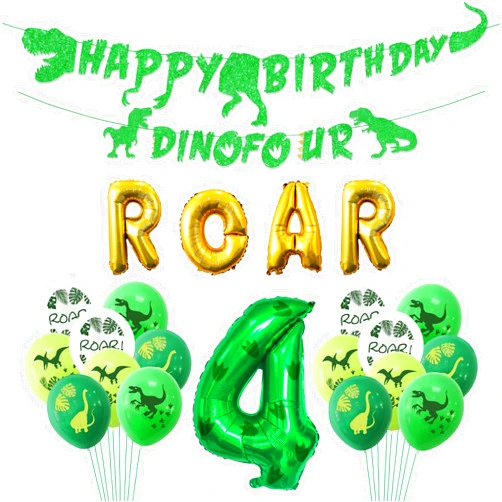 PTECDROTS Dino Four Birthday Party Decoration, 4th Dinosaur Birthday Decorations, Dino Four Banner, Roar Balloons for Boys Kids 4th Dinosaur Party Supplies