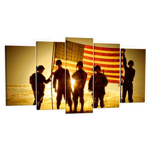 KREATIVE ARTS - 5 Panels Silhouette of Soldiers with American Flag Canvas Painting Print Wall Art Vintage Armed Forces on Sunset Pictures Giclee Artwork for Wall Decoration (Medium Size 40x24inch)