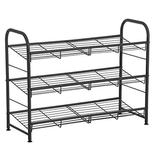 SONGMICS Shoe Rack, 3 Tier Shoe Organizer for Closet, Holds up to 12 Pairs of Shoes, Shoe Rack for Front Door Entrance, Metal Shoe Shelf with Adjustable Tilt Angle, for Entryway, Garage, Black