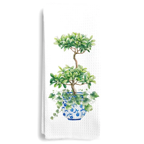 Qeheb Chinoiserie Kitchen Towels, Blue and White Kitchen Decor, Chinoiserie Natural Green Plant Decor Kitchen Towels, Vintage Blue and White Porcelain Kitchen Hand Dish Tea Towels 16X24In