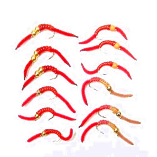 The Fly Fishing Place San Juan Worm Trout Fly Assortment, 12 Wet Nymph Flies, Hook Size 10, 4 Patterns