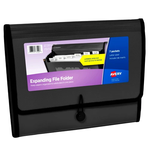 Avery Expanding File Folder Organizer, 7-Pocket Accordion File Organizer, Black, Holds 425 Letter/A4-Size Sheets (73550)