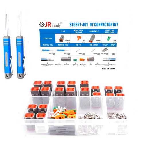 JRready ST6327-401 Deutsch 4 Pin Way DT Connector Kit, Pb-Free Size 16 Stamped Contacts 14-18AWG, Seal Plug, 4 Pin Gray Waterproof Automotive Electrical Connector 10 Set.