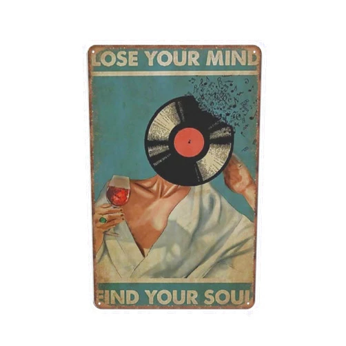 Aikeory Music Tin Signs Lose Your Mind Find Your Soul Poster, Vinyl Girl Drink Wine Decoration, Signs for Home, Music Lover, 8x12 inches