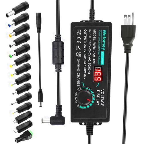 Wefomey 120W Universal Power Supply Adjustable DC 3V ~ 24V Variable Switching AC/DC Adapter 100V-240V AC to DC 24V 5A Converter with 14 Tips & Polarity Converter - 5000mA Max