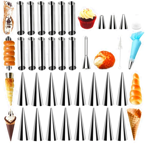 VolksRose Set of 35 Cream Horn Mold, Cannoli Forms Tubes Kit, Stainless Steel 16pcs Cone Shaped and 12pcs Tubular Shaped Baking Molds for Danish Pastry Lady Lock Form Cream Roll Croissant