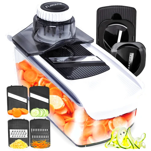 Fullstar Mandoline Slicer for Kitchen, Cucumber Slicer, Cheese Grater Vegetable Spiralizer and Veggie Slicer for Cooking, Kitchen Gadgets Organizer & Safety Glove Included (6 in 1, White)