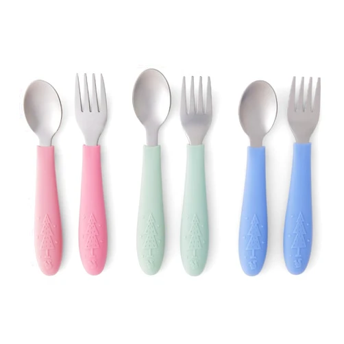 Elk and Friends Kids Silverware with Silicone Handle | Childrens Safe Flatware | Toddler Utensils | Baby Spoons + Forks | Stainless Steel Cutlery