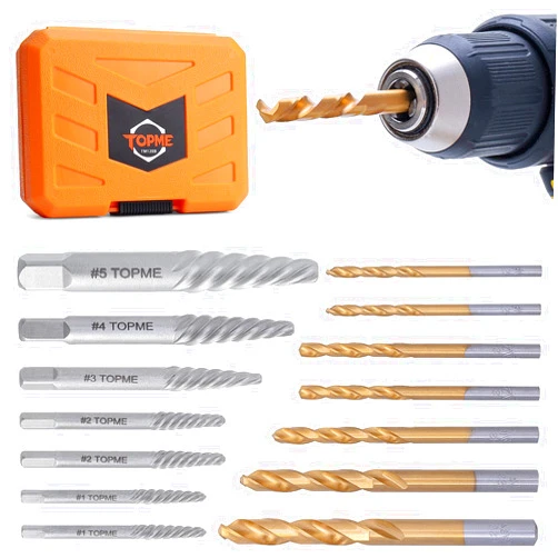 Topme Screw Extractor Set, 14PCS Easy Out Screw Extractor Set and Left-Hand Drill Bit Set, Stripped Screw Extractor Set for Removing Damaged Screws, Broken Bolts, Studs