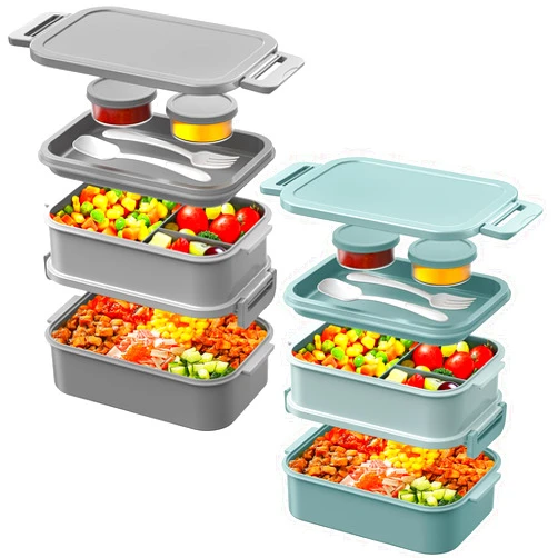 DaCool 2 Pack Adults Lunchbox Bento Box 74 OZ Stackable Lunch Box for Kids Adults Men Women Teens Leakproof Bento Large Lunch Box Container with Fork Spoon Sauce Box for School Work,Grey,Morandi-Green