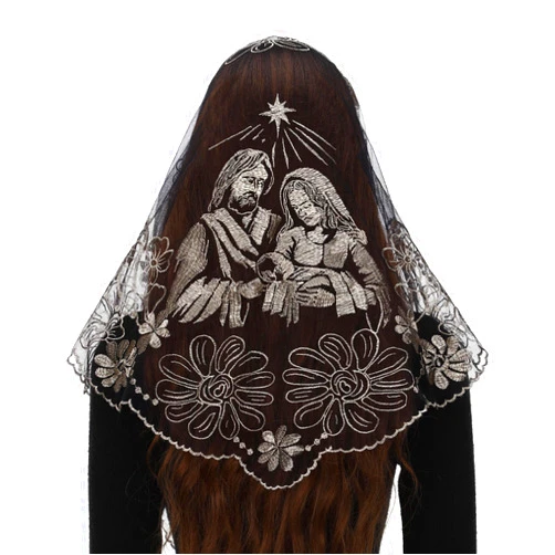 Bozidol Church Veil Triangular Mantilla - Cross Chalice Embroidered Vintage Catholic Mass Veil for Women