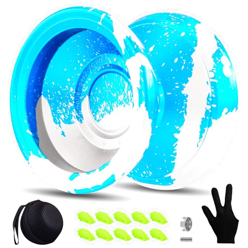 Hksod Yoyo Responsive Professional Yoyos for Kids Beginners Metal Trick Yoyo, Unresponsive Yo-yo for Adults with Bearing Kit, 10 Yo-Yo Strings, Case and Glove - Blue Silver