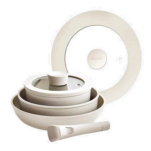 Dogado Organic Cookware Set, Nonstick Ceramic 6 Piece, Stackable Pots and Pan, Detachable Removable Handle (Sand Beige)