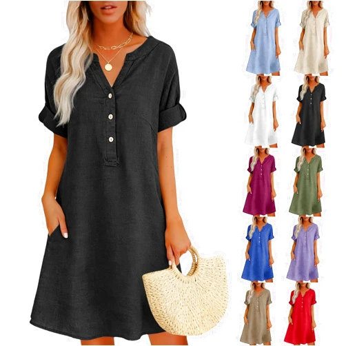 Generic Linen Dress for Women Short Sleeve V Neck Button Down Clothes Gauze Spring Summer 2026 Loose Fit Vacation Cotton Tunic