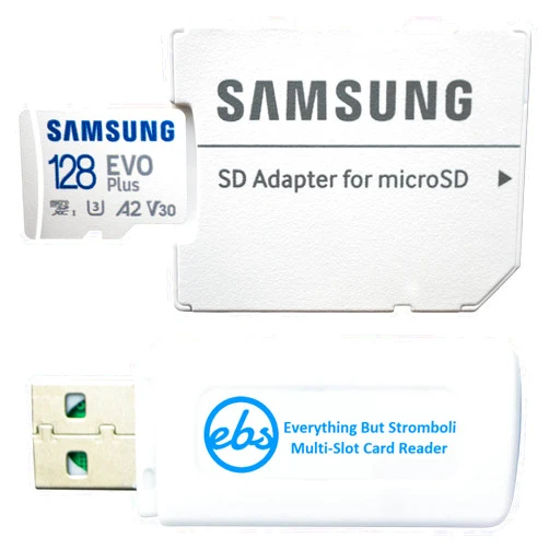 Everything But Stromboli Samsung 128GB MicroSDXC EVO Plus Memory Card with Adapter Works with DJI Mini 4 Pro Action Drone (MB-MC128KA) V30 U3 A2 Bundle with (1) Everything But Stromboli MicroSD & SD Card Reader
