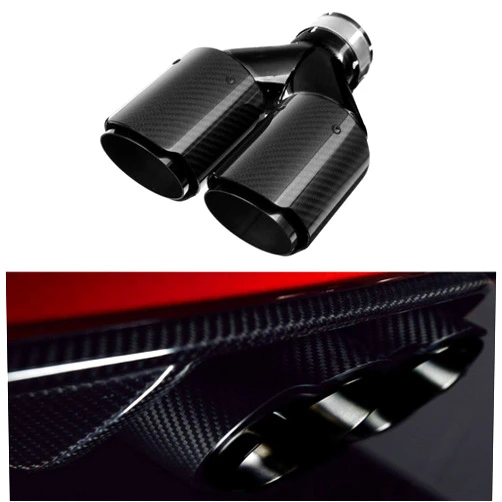 Rocomoco Dual Car Carbon Fiber Exhaust Tip Y-style Muffler Pipes Exhaust Tips with Mirror Polishing Stainless Steel, Inlet 63mm(2.5inches) Outlet 89mm(3.5inches)- Glossy Carbon Fiber