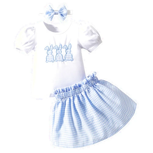 Kionio Baby Girl Easter Outfit Toddler Girl Clothes Plaid Skirt Bunny Shirt Headband Infant Summer Clothes Sets