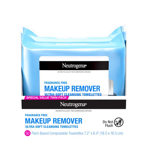 Neutrogena Cleansing Fragrance Free Makeup Remover Face Wipes, Cleansing Facial Towelettes for Waterproof Makeup, Alcohol-Free, Unscented, 100% Plant-Based Fibers, Twin Pack, 2 x 25 ct