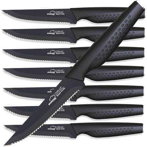 Amorston Steak Knives, Steak Knives Set of 8, Stainless Steel Steak Knife Set, Serrated Knives Dishwasher Safe, Elegant Black