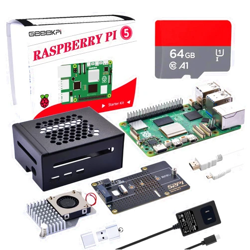 GeeekPi for Raspberry Pi 5 8GB Kit, Includes Pi 5 8GB Board, N04 M.2 NVMe SSD PCIe Peripheral Board, Metal Case with Active Cooler, 64GB SD Card, HDMI Cable & 27W USB C Power Supply for Raspberry Pi 5