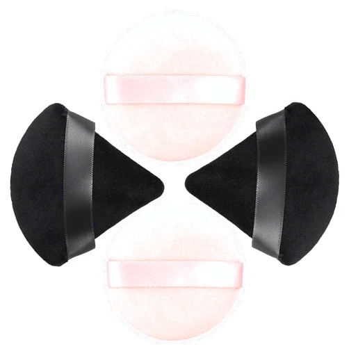 HEYMKGO 4 Pack Puff Powder - Triangle Round Powder Puffs for Face Powder Body Powder Velvet Washable Reusable Wet Dry Makeup Tools with Strap for Foundation Setting Powder (4, Black and Pink)
