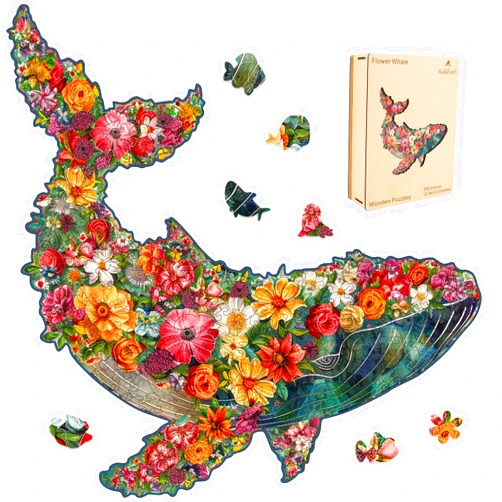 Ruikiyart Wooden Puzzles for Adults Flower&Whale Wooden Jigsaw Puzzles 200Pcs Unique Shapes Fabulous Gift for Kids and Adults on Birthday,Thanksgiving,Christmas 16.7x16.7 Inches
