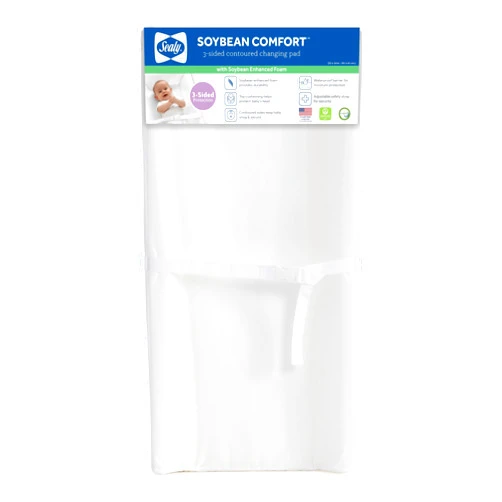 Sealy Baby Soybean Comfort Waterproof Diaper Changing Pad for Dresser or Table, Contoured 3-Sided, Wipeable Easy to Clean Surface & Durable Premium Foam, Made in USA, White, 32 x 16