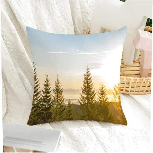 Mlumamme Decorative Pillow Cover Soft Velvet Wood Oregon View Forest Mountain Sunrise Sunlight Fog Nature Parks Outdoor Design Morning Scene Throw Pillow Cushion Cases for Sofa Couch Bed, 24 x 24 Inch