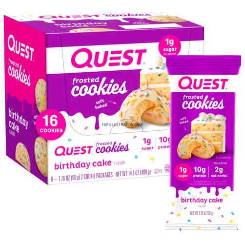 Quest Nutrition Frosted Cookies Twin Pack, Birthday Cake, 1g Sugar, 10g Protein, 2g Net Carbs, Gluten Free, 8 Count(Pack of 1)