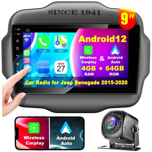 Inexaccessories [4+64G] Android 12 Car Stereo for Jeep Renegade 2015-2020 with Wireless Carplay&Android Auto, 9 Inch Touchscreen Bluetooth Car Radio Support GPS Navigation, Wifi, FM Radio, Backup Camera,DSP, SWC, MIC