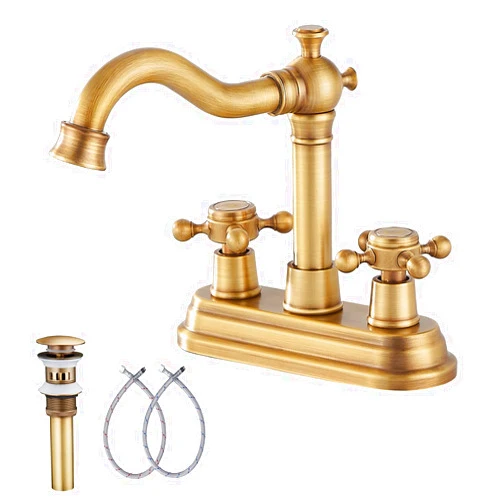 GGStudy Bathroom Faucet Antique Brass GGStudy 2 Handles 4 Inches Centerset RV Bathroom Vanity Faucet with Drain Assembly and Supply Hose Lavatory Faucet Mixer Double Handle Tap