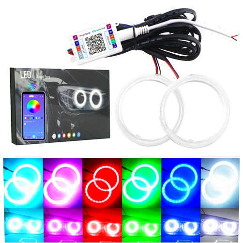 QasimLED 1-pair 70MM 72SMD COB RGB LED Halo Ring Angel Eyes Universal For Motorcycle Car Decorative Light DRL Driving Warning Fog Light with Cover Bluetooth Mobile APP Control 12V DC