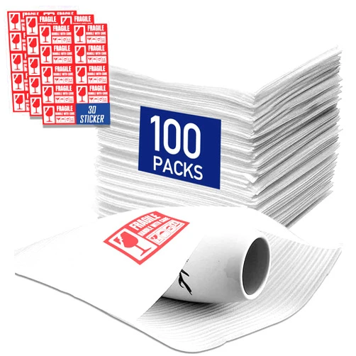 GMKbuy Cushion Foam Pouches 12x12 Inch (100 Pack) with 30 Fragile Stickers - 0.5mm Thick Foam Pouches for Packing Dishes, Glassware & Fragile Items - Protective Packing Sleeves for Moving, Storage & Shipping