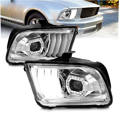 AmeriLite for 2005-2009 Ford Mustang LED Tube Square Projector Chrome Headlights Headlamps Assembly Pair - Driver and Passenger Side