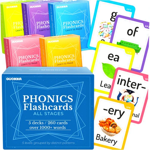 QUOKKA 1000+ Phonics Words Flash Cards for Kids Ages 4-8 – 20 Reading Stages – 260 Card Games for Kids Ages 3-5 and 6-8 – Learn to Read Games & Phonics Manipulatives for Complete Phonemic Awareness