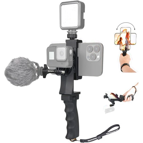 Fantaseal 2in1 Ergonomic Portable Action Camera+Smartphone SYN Hand Grip Stabilizer Combo Mount Video Vlogging Rig Holder Kit for GoPro iPhone Interview Travel YouTube Tiktok Streaming-Mic+Light Adapter